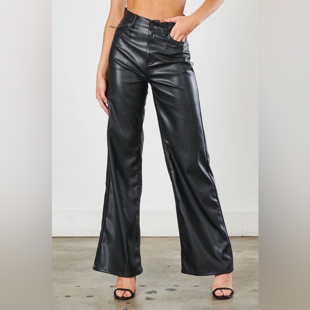 Vibrant M.I.U.vibrant  (7/27) Black High Rise Vegan Leather Wide Leg Flare Pants